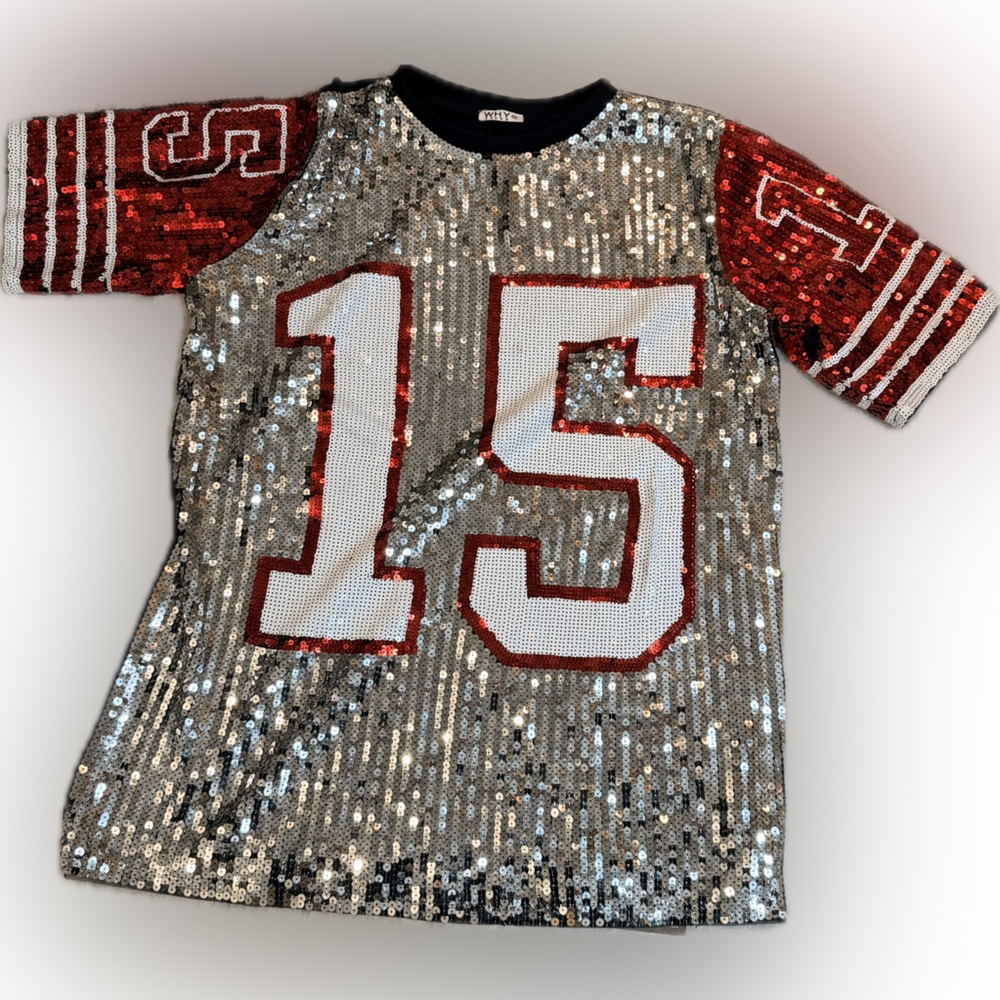 Sequin Number 15 Women's Jersey - Silver and Red Game Day Dress